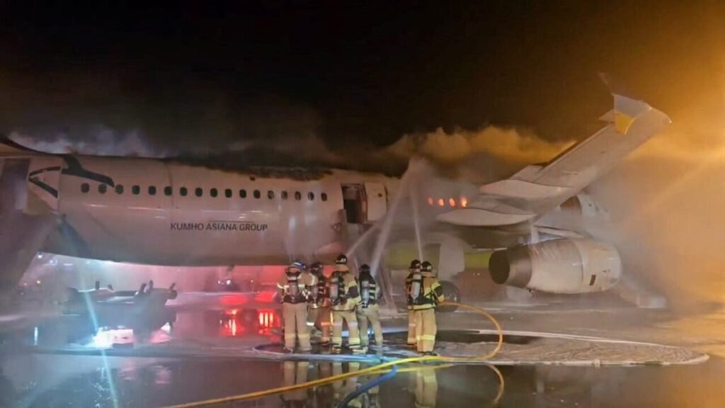 Russia plane catches fire at South Korean airport Russia plane catches fire at South Korean airport