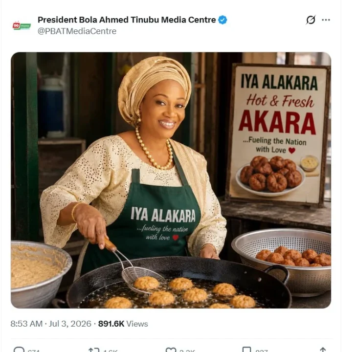 Presidency’s AI image of Remi Tinubu selling akara sparks fresh debate online Presidency’s AI image of Remi Tinubu selling akara sparks fresh debate online