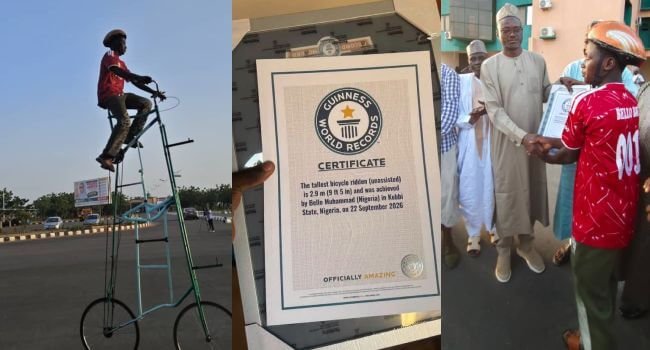 cyclist sets Guinness World Record with 2.9-metre-high bicycle