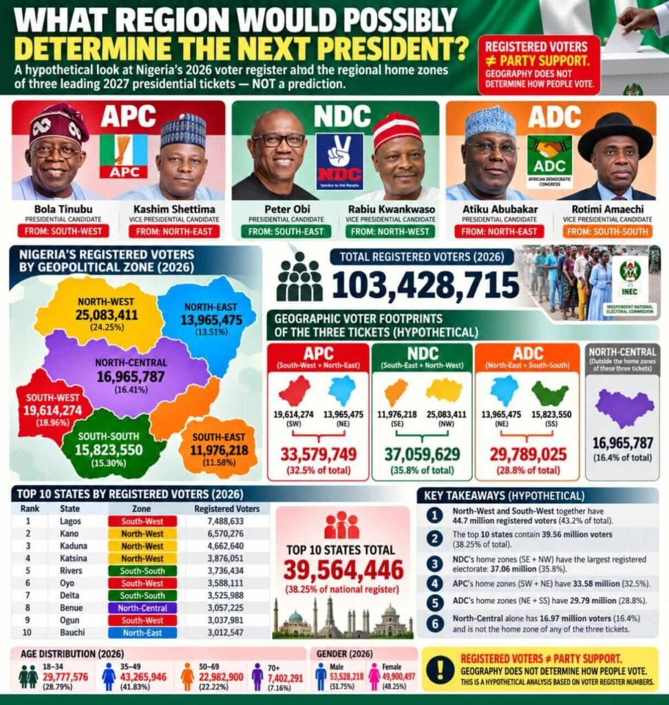 2027 Nigeria Presidential Election: Voter numbers by state and region Nigeria 2027 election voter map showing registered voters by geopolitical zone